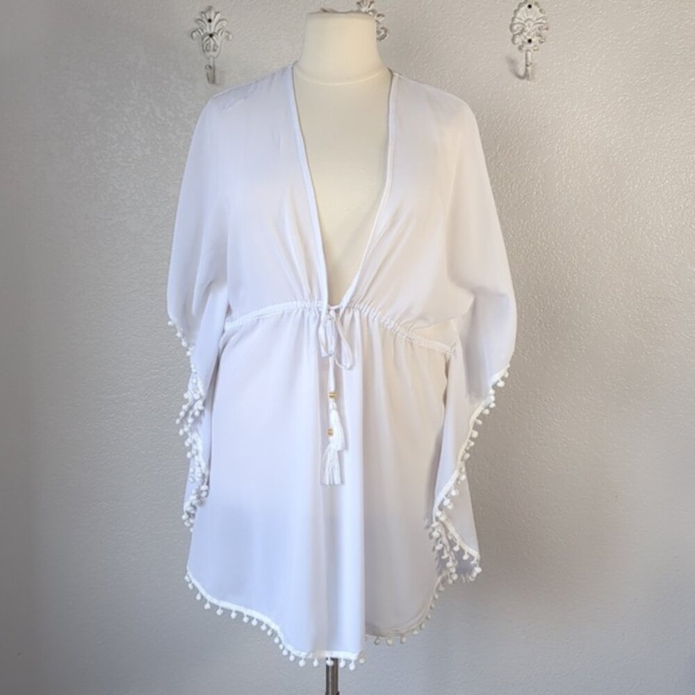 Club Z  3X Collection Swim Cover Up White Kaftan Pom Fringe Trim
